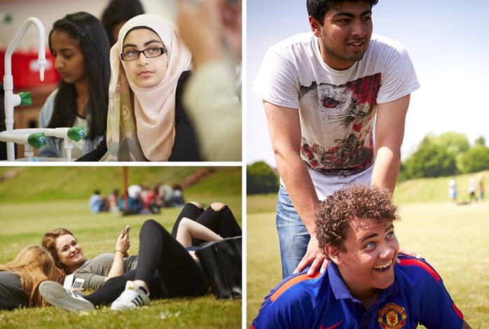 three close-up pictures of students smiling and laughing