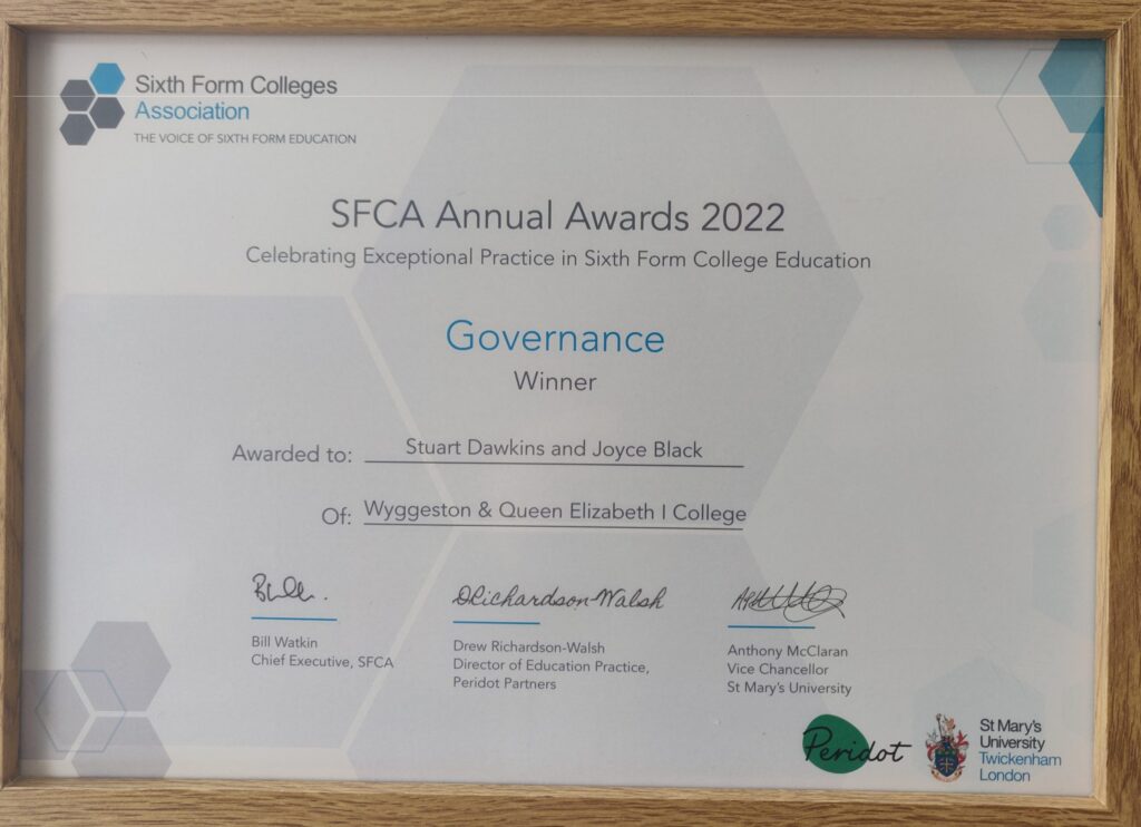 Framed certificate for the SFCA Annual Awards 2022, Governance winner, awarded to Wyggeston & Queen Elizabeth I College.