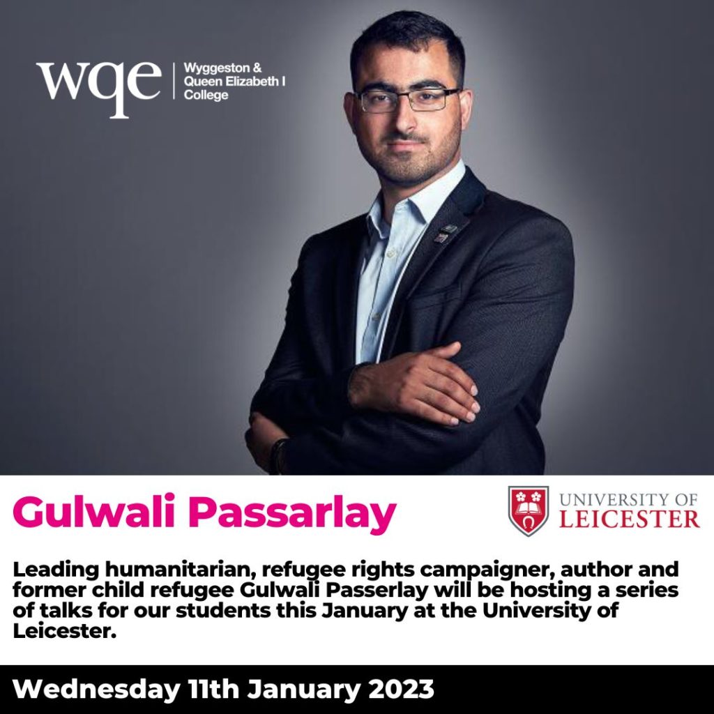Image of Gulwali Passarlay with caption Leading humanitarian, refugee rights campaigner, author and former child refugee Gulwali Passerlay will be hosting a series of talks for our students this January at the University of Leicester.