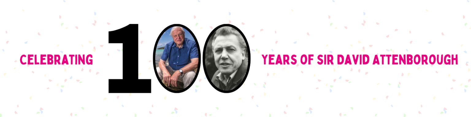 Banner with Celebrating 100 years of Sir David Attenborough and two photos of him inside the number 100.