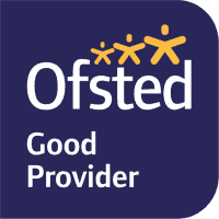 Ofsted Good Provider logo with yellow figures above the word Ofsted on a dark blue background.