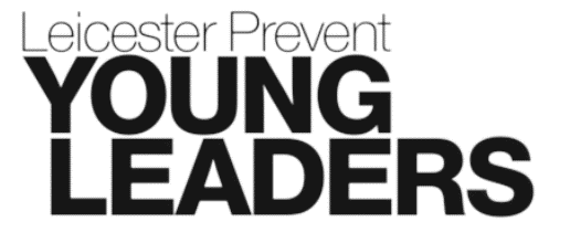 Text reads: Leicester Prevent YOUNG LEADERS in bold and regular black font on a white background, highlighting the importance of safeguarding.