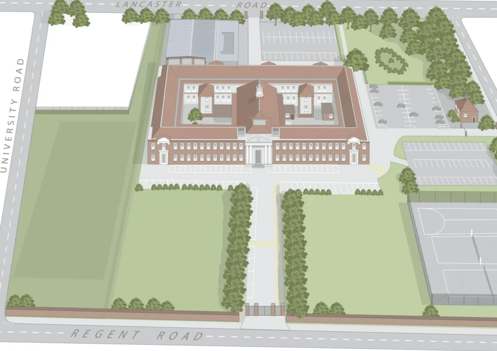 Aerial view illustration of a school building with parking, trees, and sports courts, bordered by roads.
