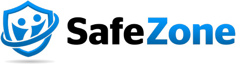 SafeZone logo featuring two figures inside a blue shield, symbolizing safeguarding, with the word SafeZone in bold black and blue text.