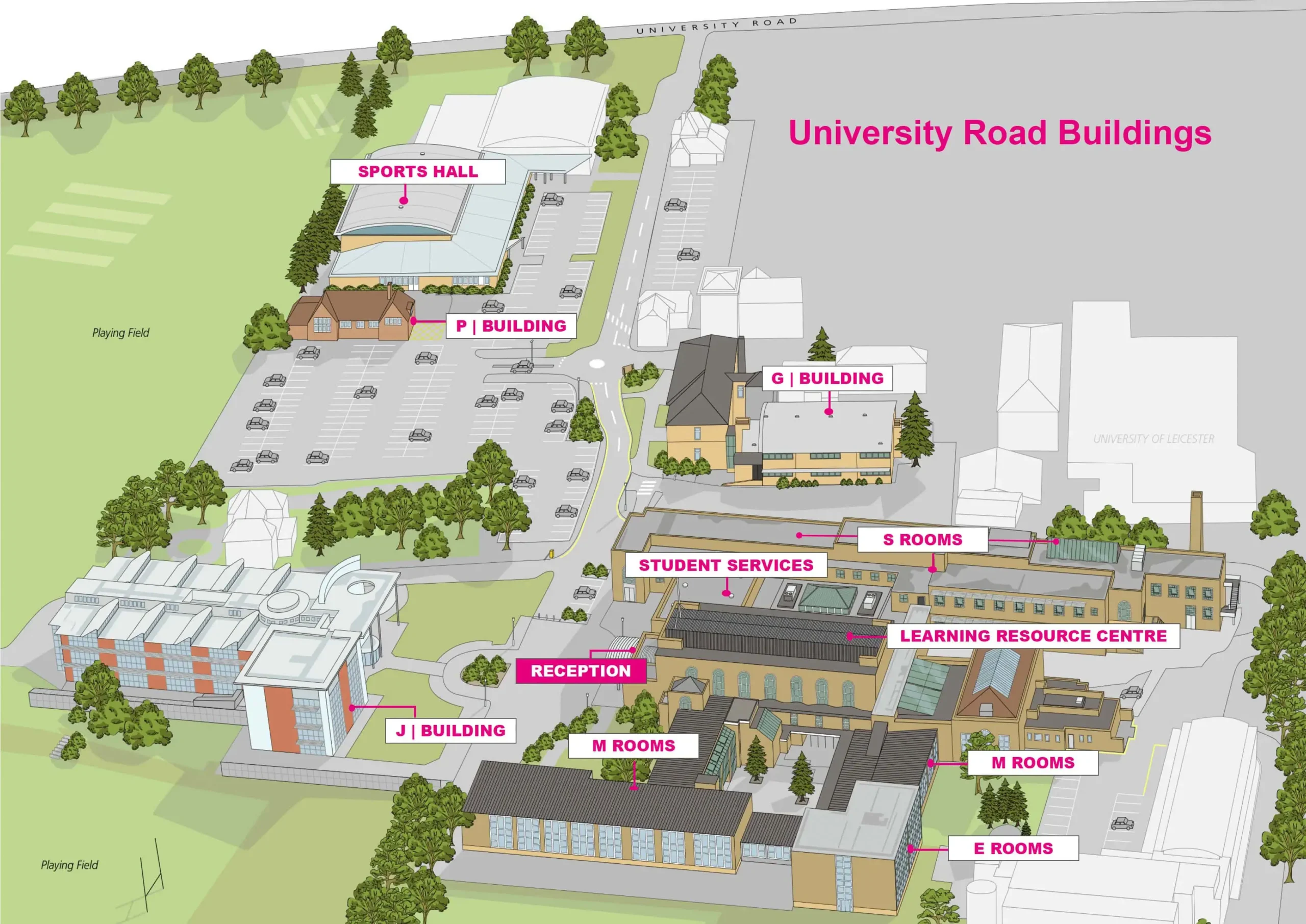 Illustrated campus map showing University Road Buildings, including sports hall, car park, and labelled facilities.