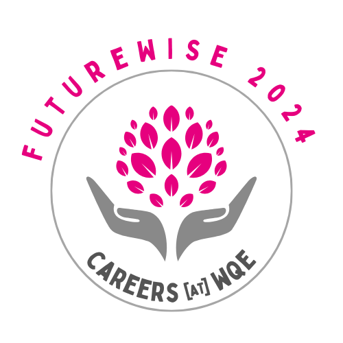 Circular logo with pink text FUTUREWISE 2024, hands holding a pink-leaf tree, and CAREERS [at] WQE below.