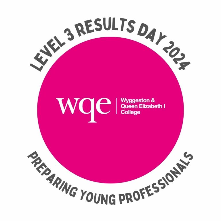 WQE College Level 3 Results Day 2024 logo with the text Preparing Young Professionals in a pink circle.