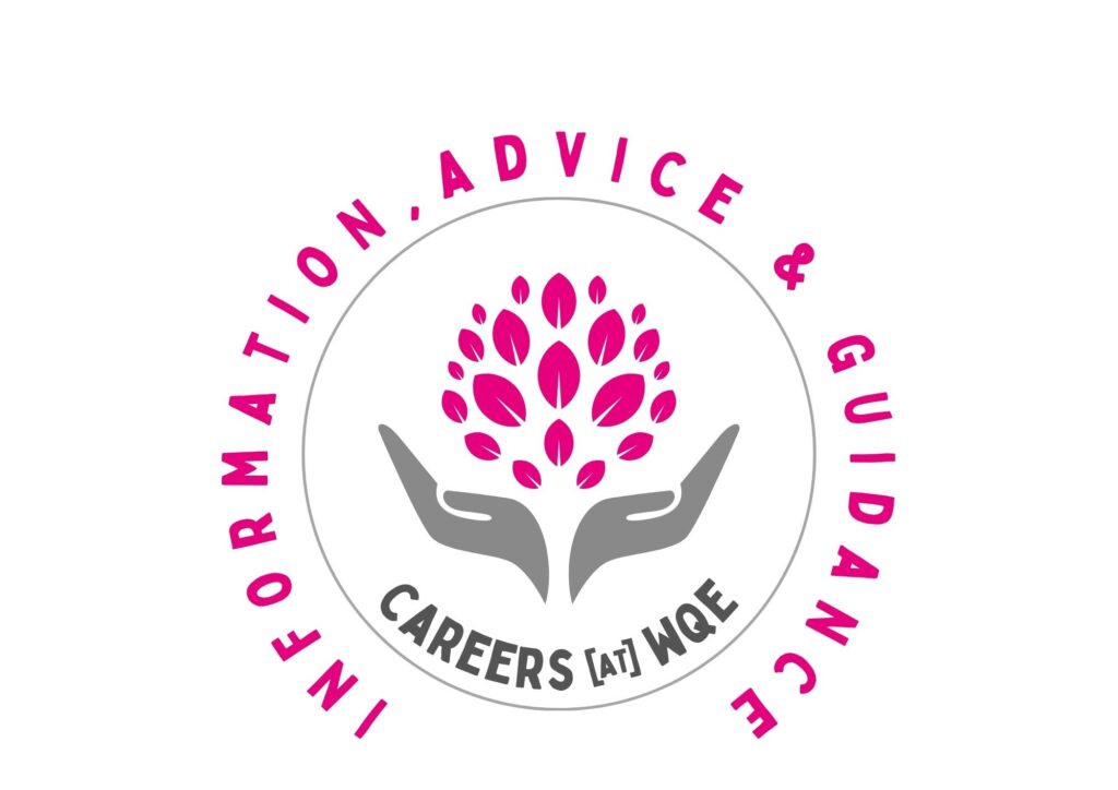 Logo with two gray hands holding a pink tree, surrounded by text: Information, Advice & Guidance, Careers [at] WQE.