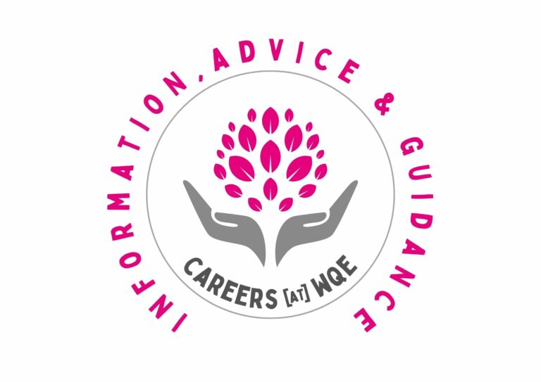 Logo with two grey hands holding a pink-leaf tree, text: Careers at WQE, Information, Advice & Guidance.