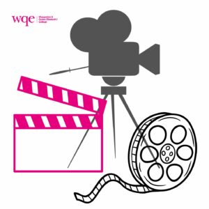 Illustration of a film camera, film reel, and two pink clapperboards with the wqe logo in the corner.