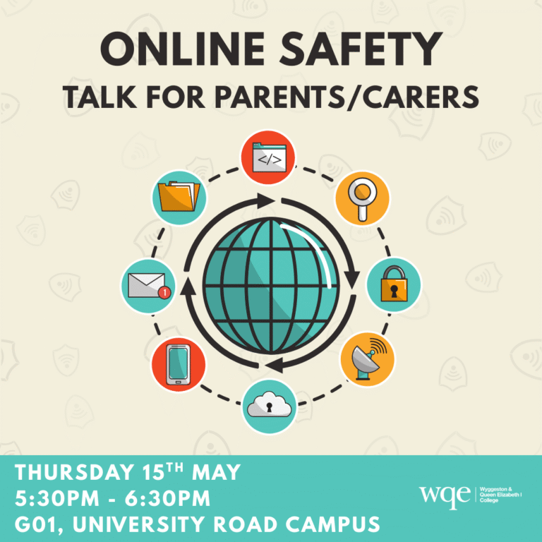 Poster for an online safety talk for parents, featuring a globe and tech icons, held on May 15th at WQE.