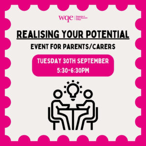 Realising Your Potential event for parents/carers, 30th September, 5:30-6:30PM, with people at a table icon.