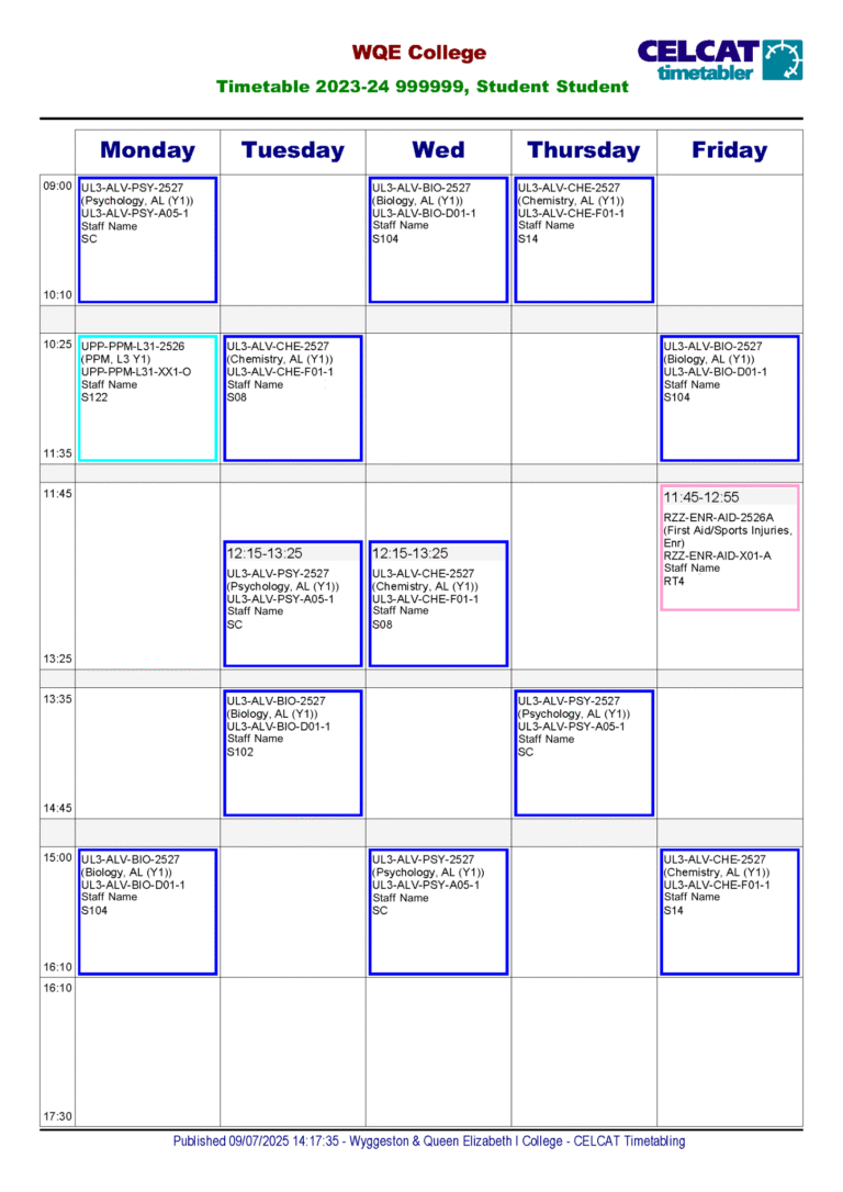 Weekly college timetable with classes in colored boxes scheduled Monday to Friday, showing times, rooms, and subjects.