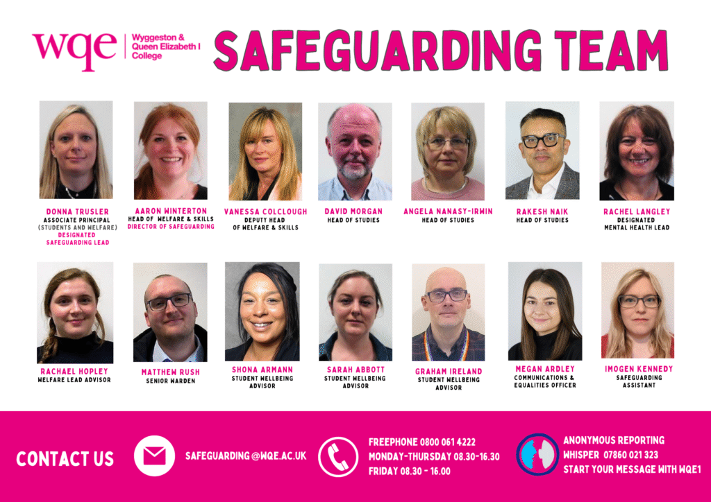 A collage of WQEs Safeguarding Team staff photos with names, roles, and safeguarding contact details displayed.