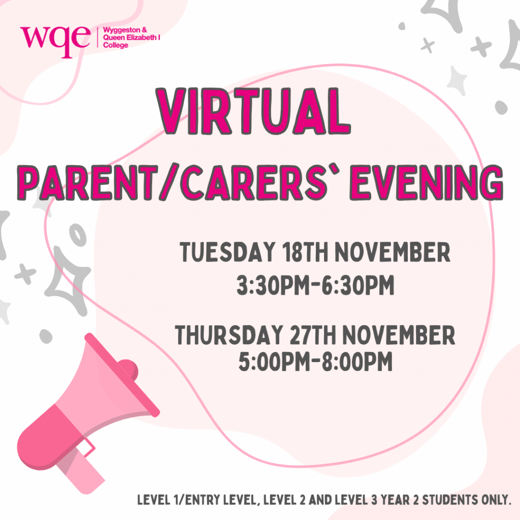 Pink and white poster for a virtual parent/carers evening with dates and times in November.