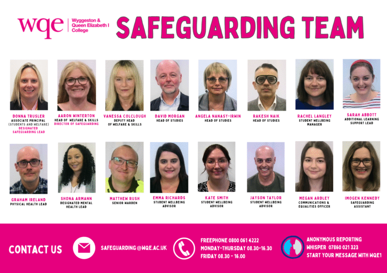 WQE College safeguarding team staff portraits with names and roles, contact info, and reporting details shown.