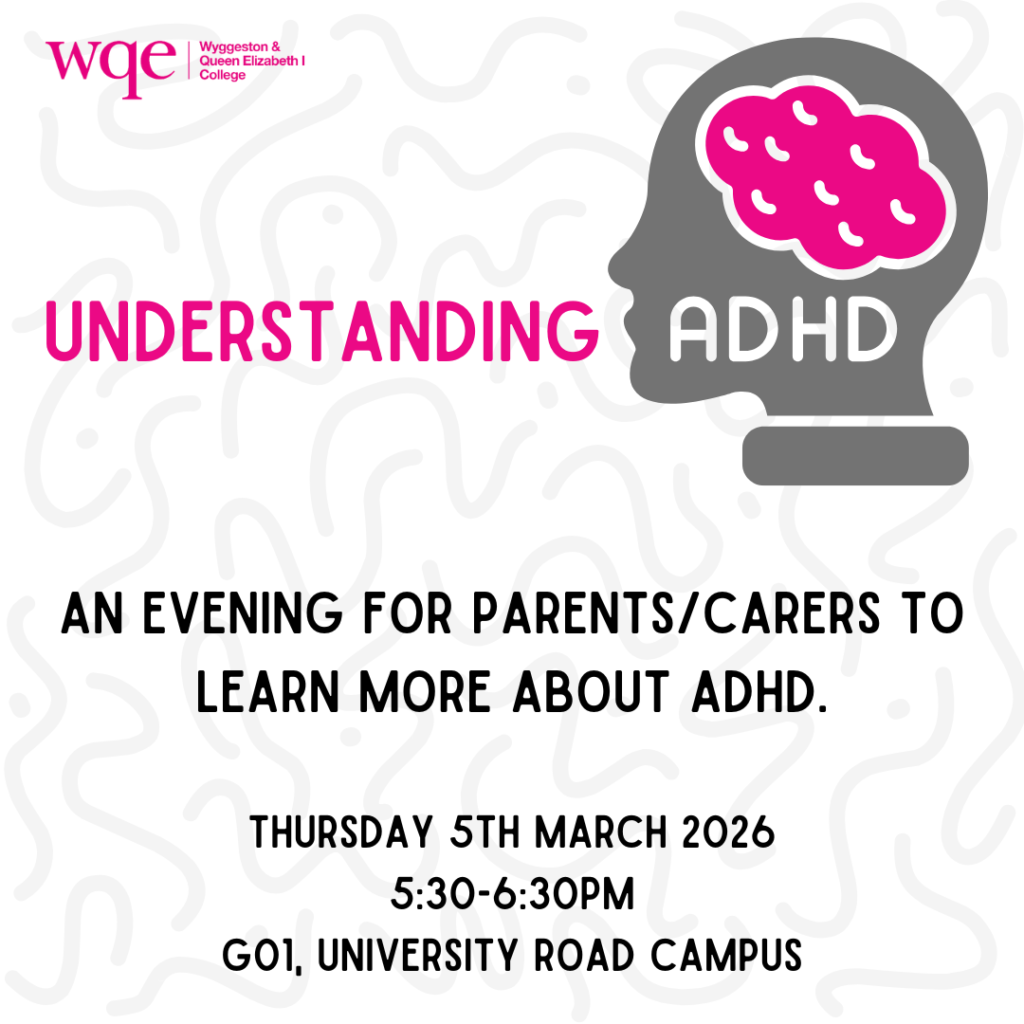 Poster for an ADHD info event for parents, 5 March 2026, 5:30pm, at WQE University Road Campus.