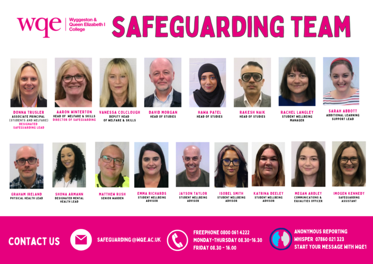 A collage of 15 staff members from the WQE Safeguarding Team, each with their name and role listed below.
