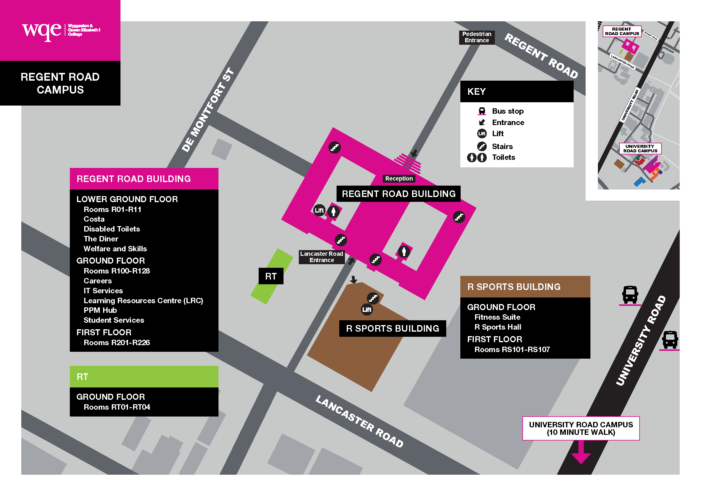Campus map showing Regent Road and R Sports buildings, entrances, bus stops, and labelled room locations.