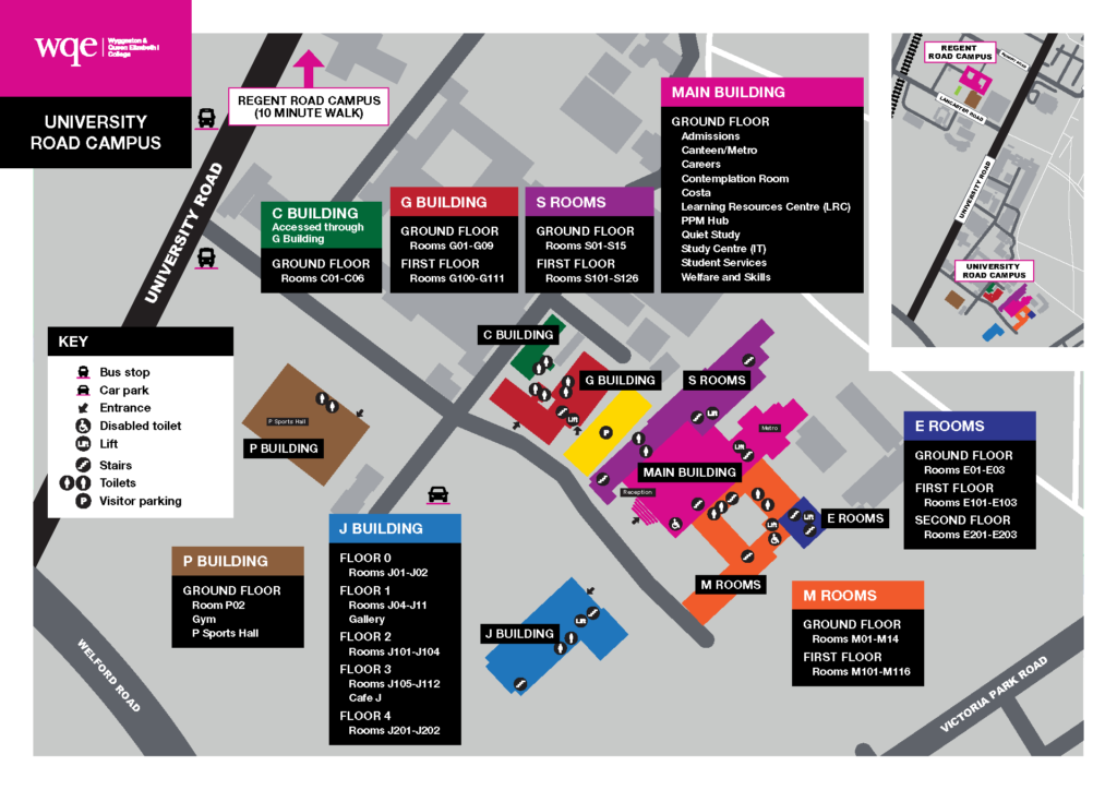 Map of WQE University Road Campus with labelled buildings, room locations, and facility icons.