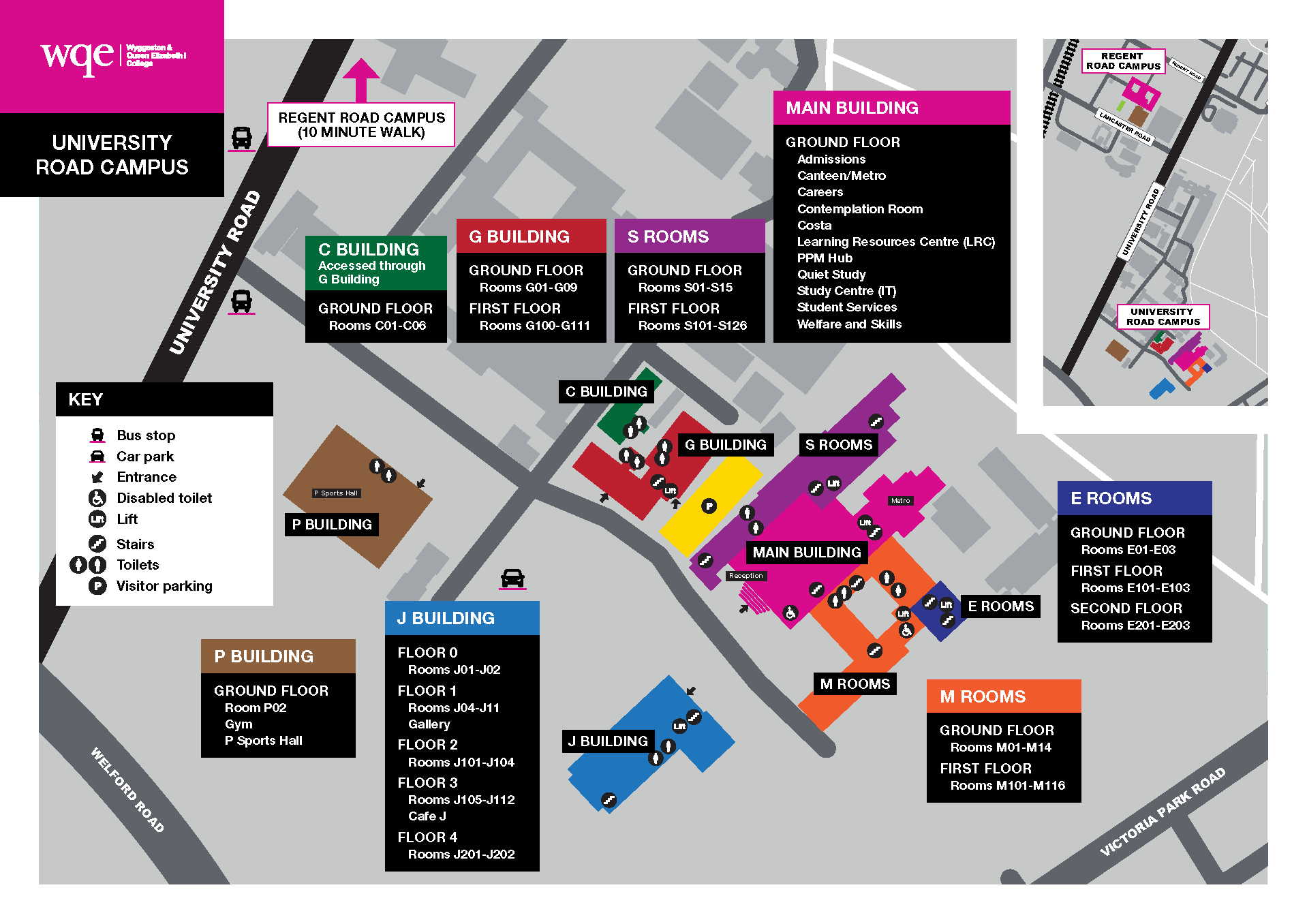 Map of WQE University Road Campus with labelled buildings, room locations, and facility icons.