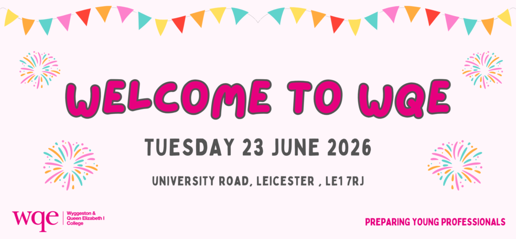 Colourful banner saying Welcome to WQE with event details, confetti, and WQE logo on a pink and white background.