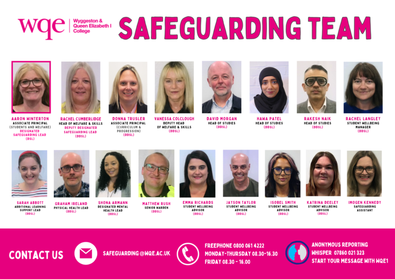Sixteen staff members of the WQE Safeguarding Team are shown in headshots with names and contact details.